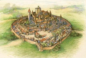 Старинная гравюра замка Уссон. Так выглядел замок до его уничтожения армией церкви в 1258 году